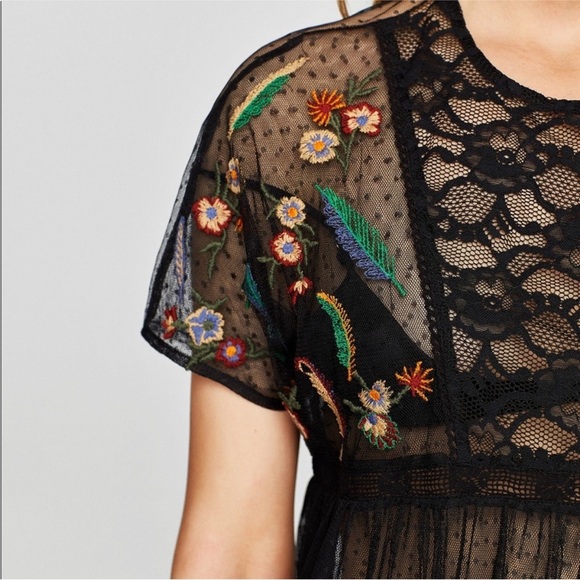 ZARA Lace Sheet Embroidered Floral Peplum Babydoll Short Sleeve Blouse Top XS - Picture 4 of 11